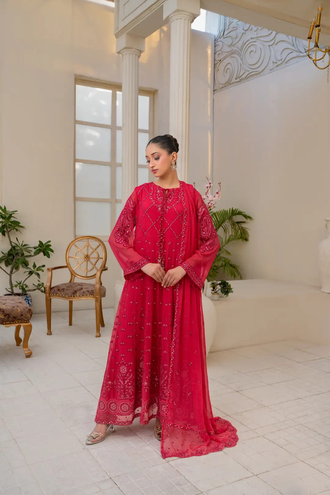 3 Pcs Women's Stitched Chiffon Hand Work Maxi Suit