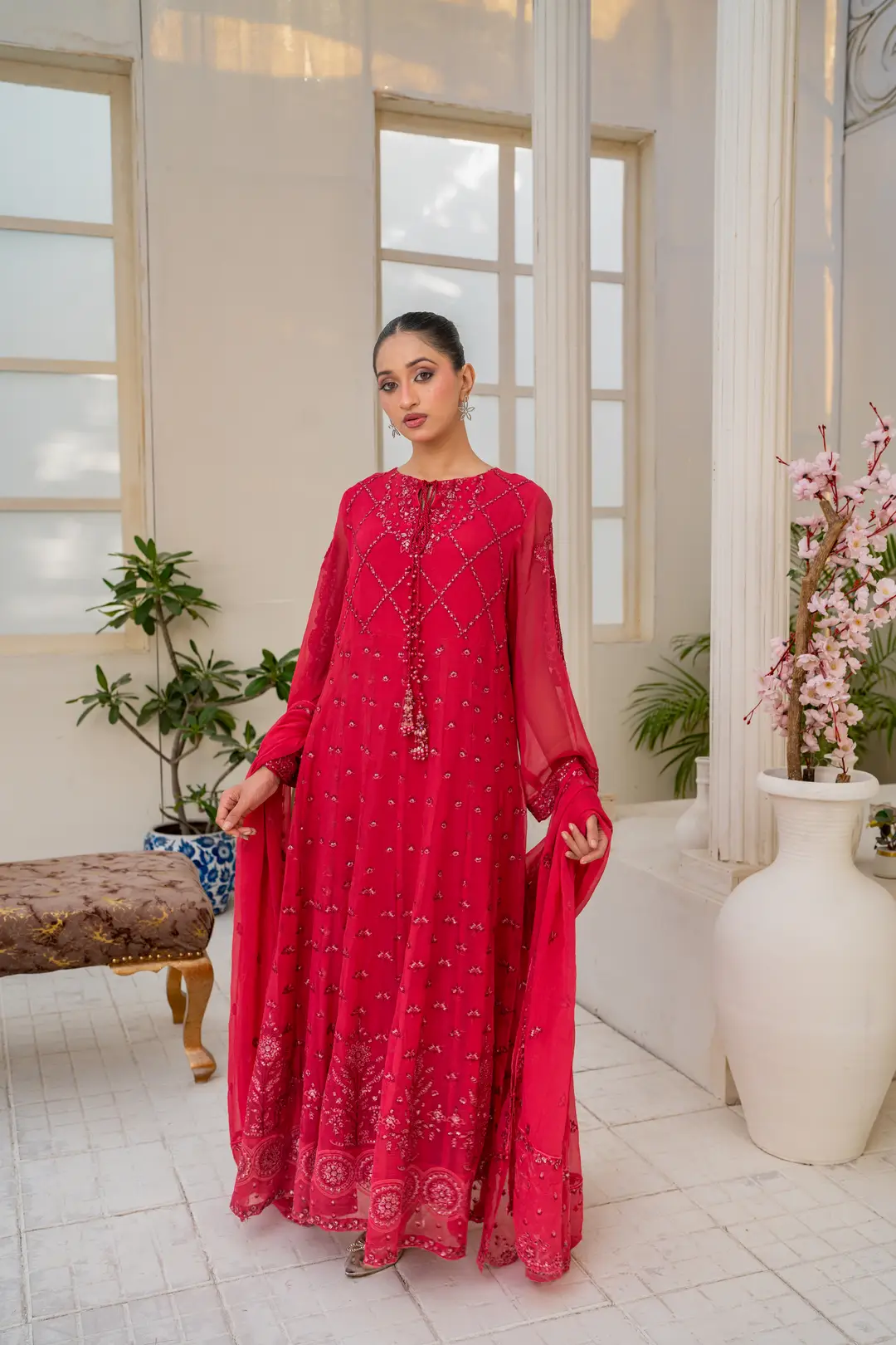 3 Pcs Women's Stitched Chiffon Hand Work Maxi Suit