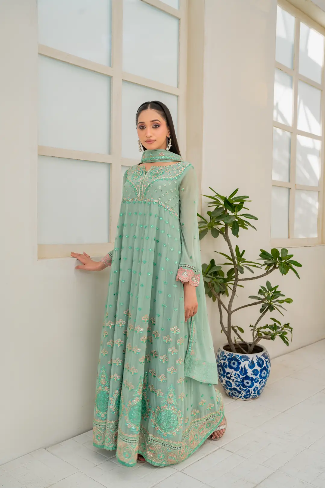 3 Pcs Women's Stitched Chiffon Hand Work Maxi Suit