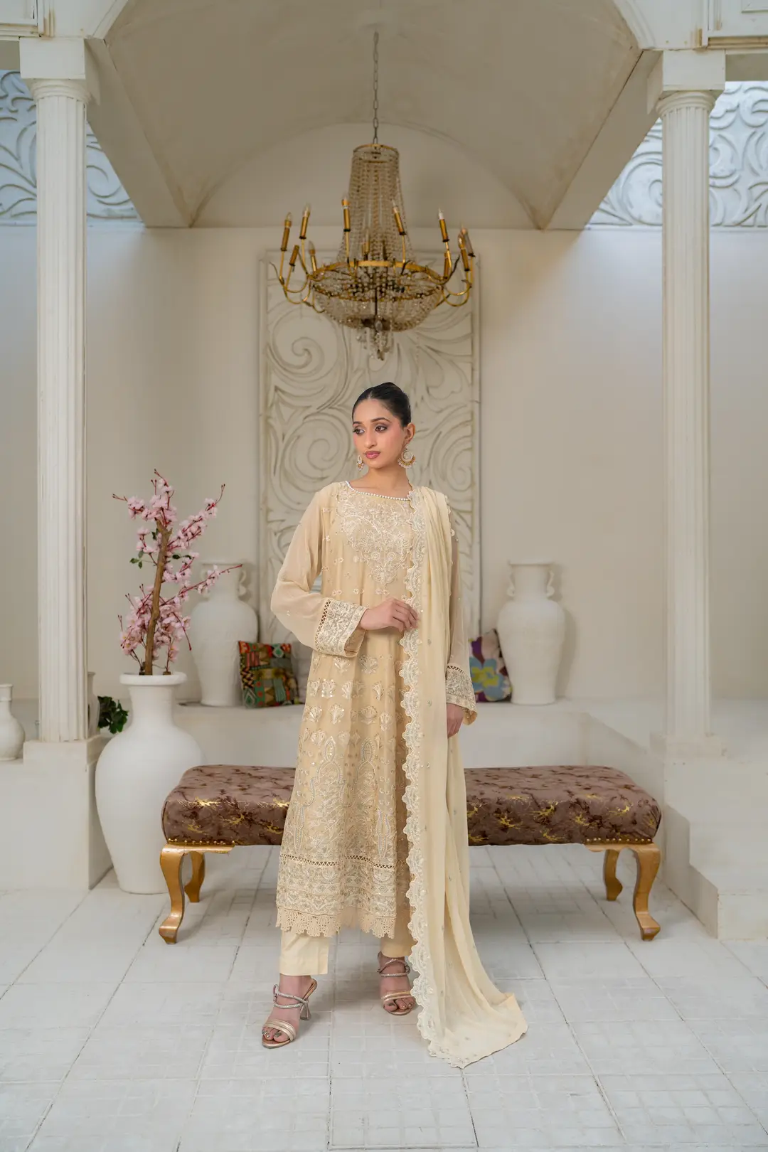 3 Pcs Women's Stitched Chiffon Hand Work Maxi Suit