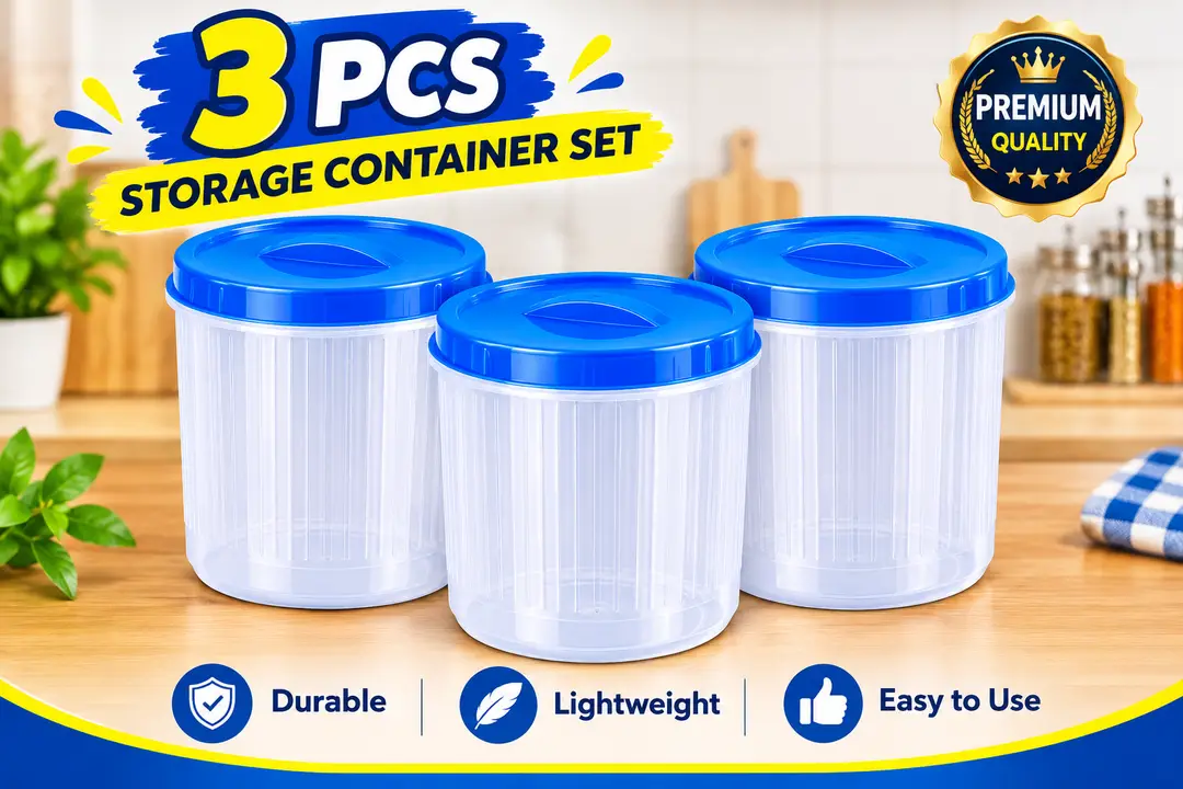 3 Pcs Large Storage Container Set -Kitchen Jar With Blue Lid