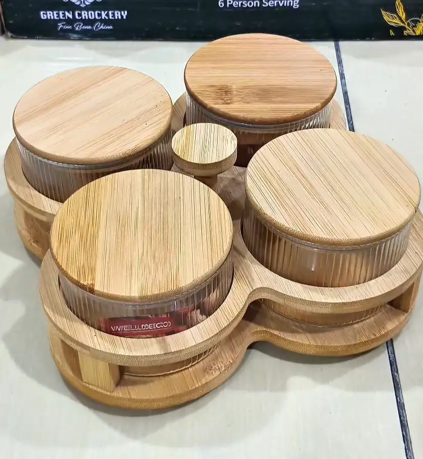Acrylic Wooden Dry Fruit Jar Set 5 Pcs with Stand