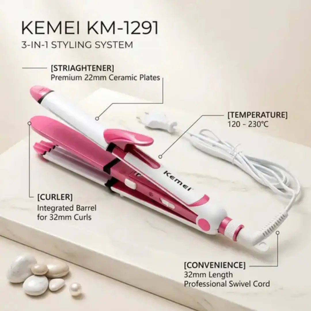 Kemei KM 1291 3 in 1 Hair Straightener Curler & Crimper
