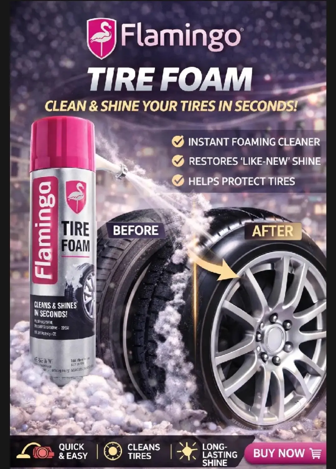 Flamingo Tire Foam Cleaner-Insta Shine 650ml- Wet Look