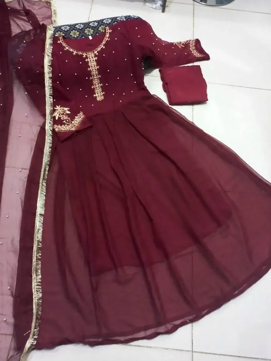 3 Pcs Women's Stitched Chiffon Embroidered Frock