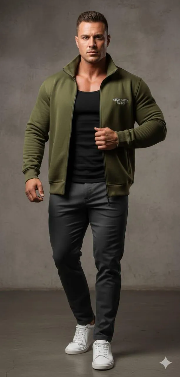 Men's Green Fleece Hoodie Full Zip Warm Casual Wear