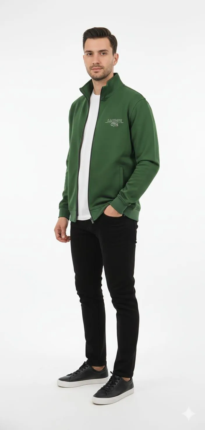 Men Green Fleece Zipper Hoodie with Embroidered Logo