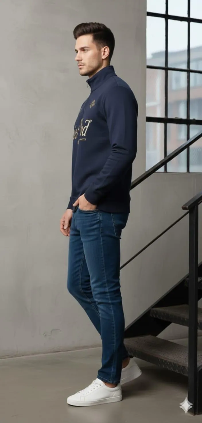 Men Fleece Zipper Hoodie Blue Quiet Mind Winter