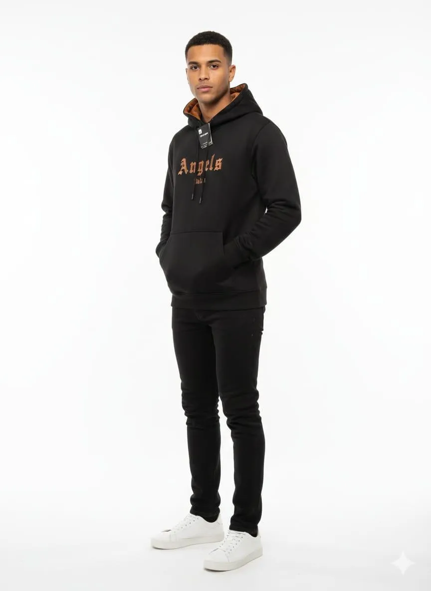 Men's Black Fleece Hoodie with "Angels" Embroidery Slim Fit