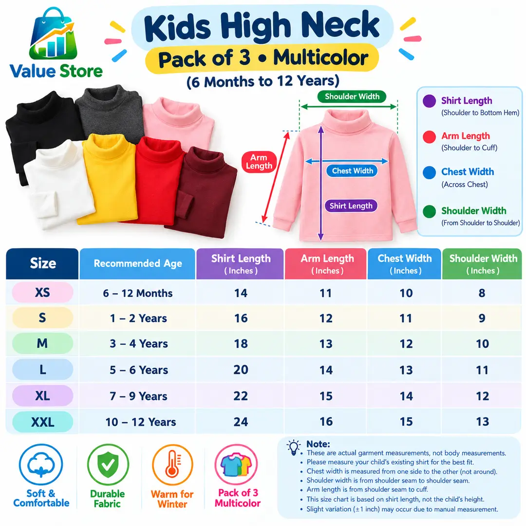3 Pcs Girl's Stitched Cotton Plain Highneck