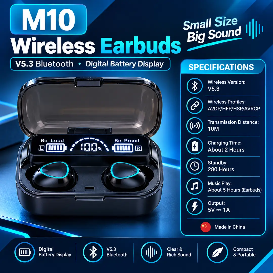 M10 Earbuds Black upto 280hr Standby Battery 5.3 Bluetooth