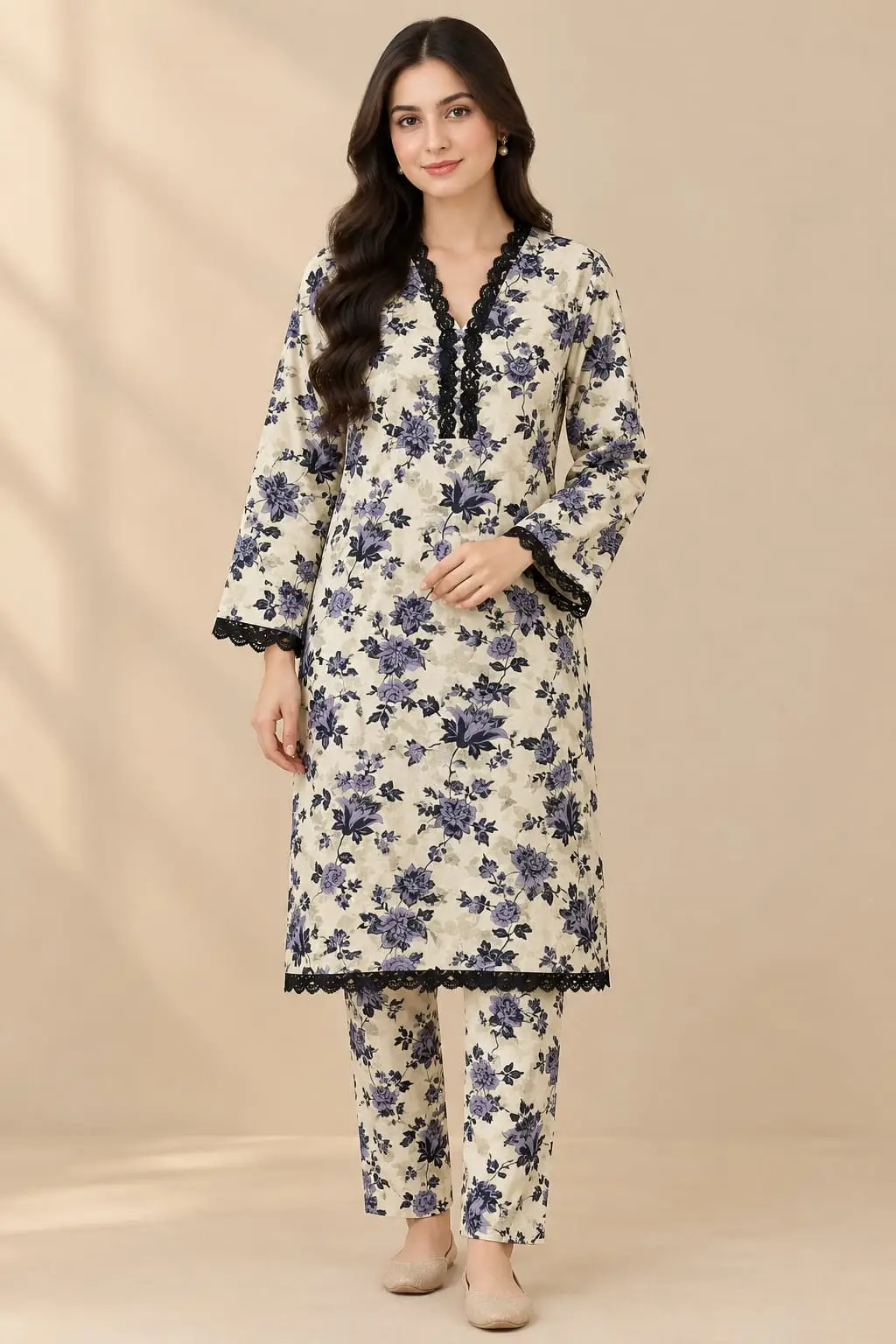 2 Pcs Women's Stitched Crystal  Printed Shirt And Trouser