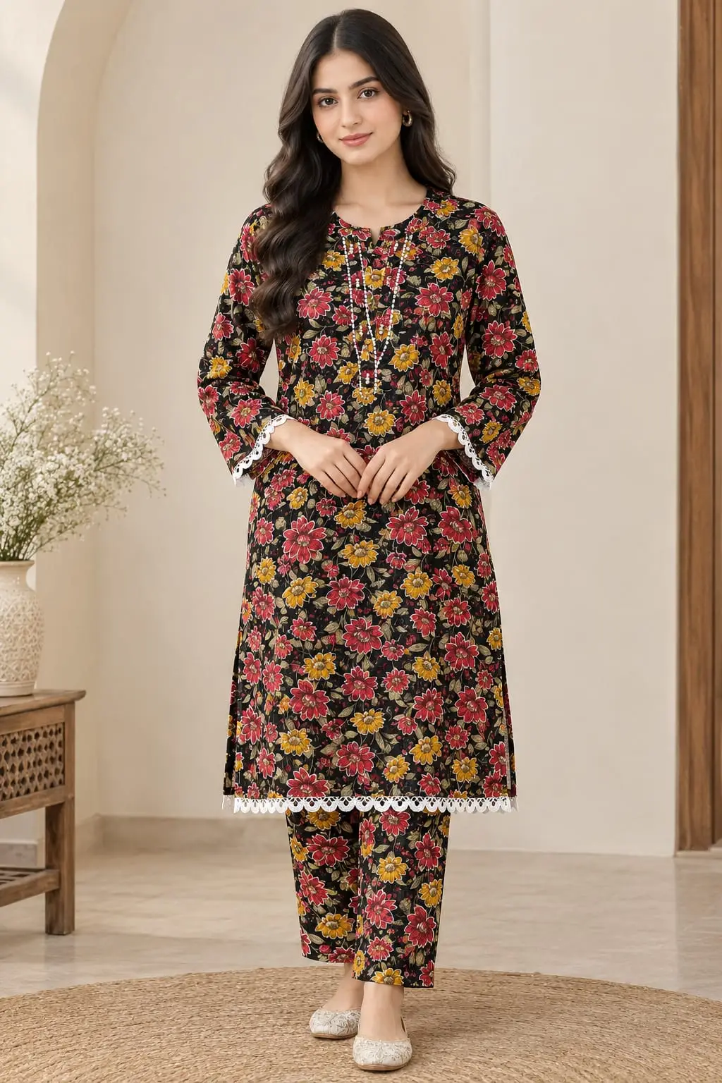 2 Pcs Women's Stitched Crystal  Printed Shirt And Trouser