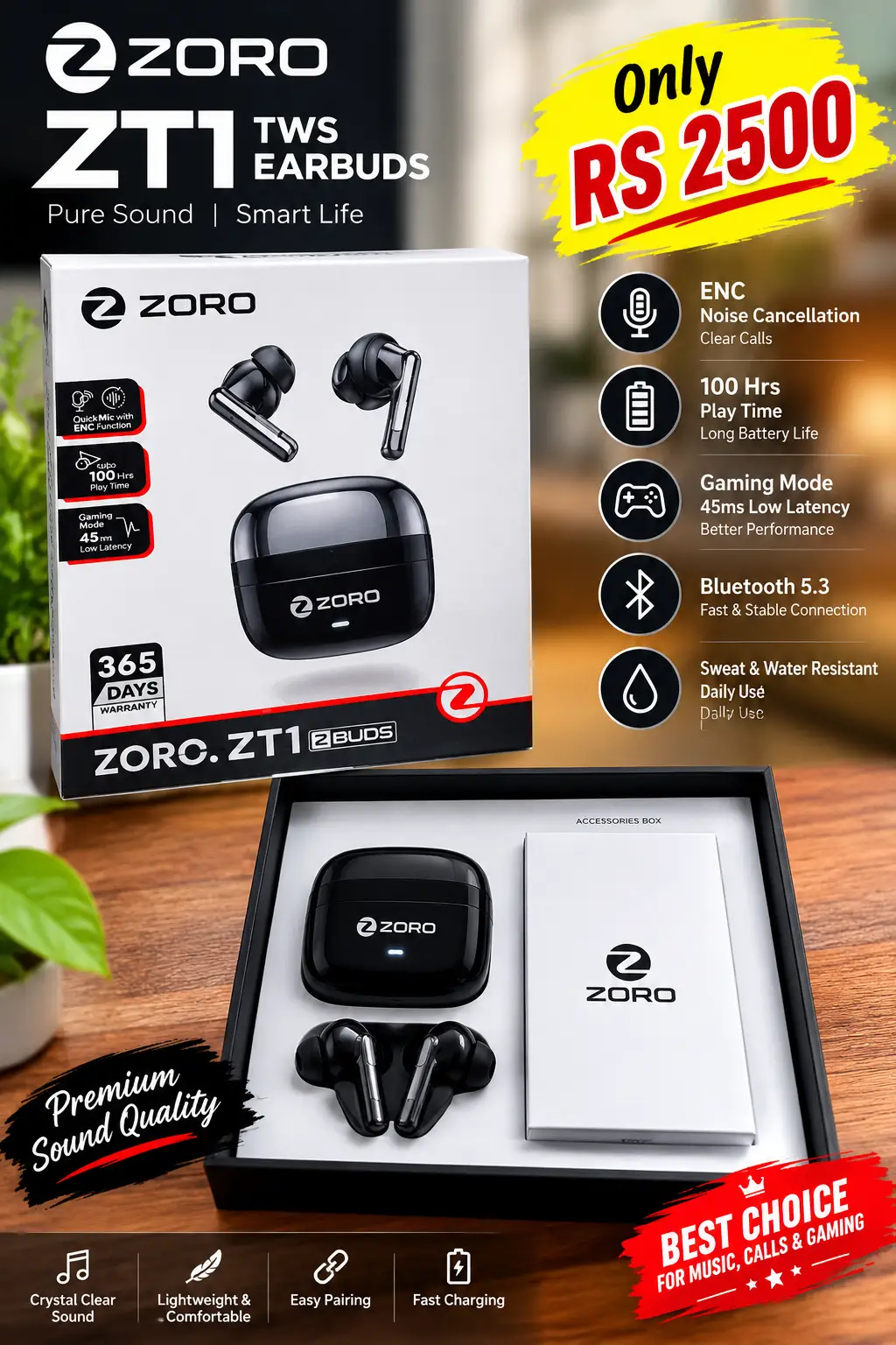Black Long-Lasting Battery With Fast Charge Earbuds