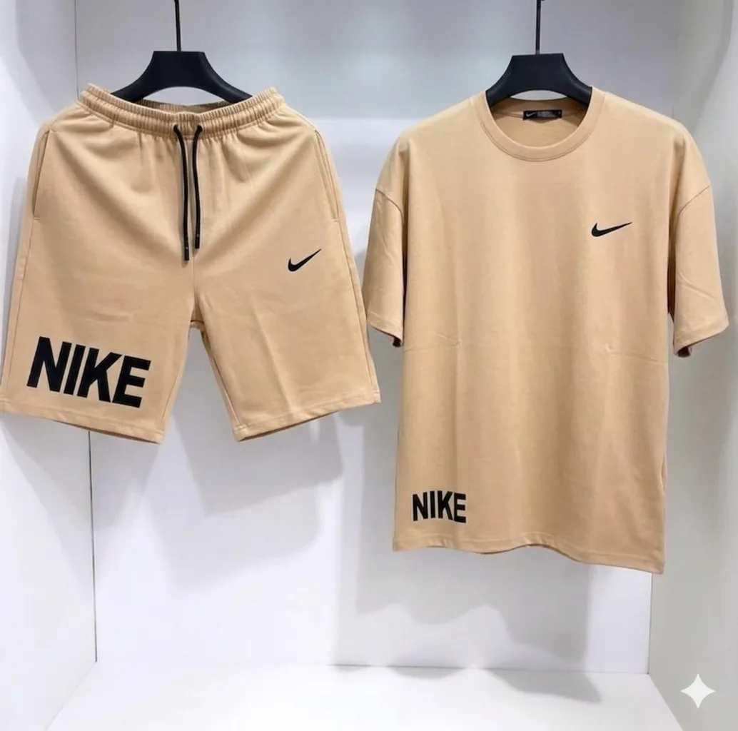 Men Dri Fit Printed Track Suit Beige Slim Fit 2 Pcs