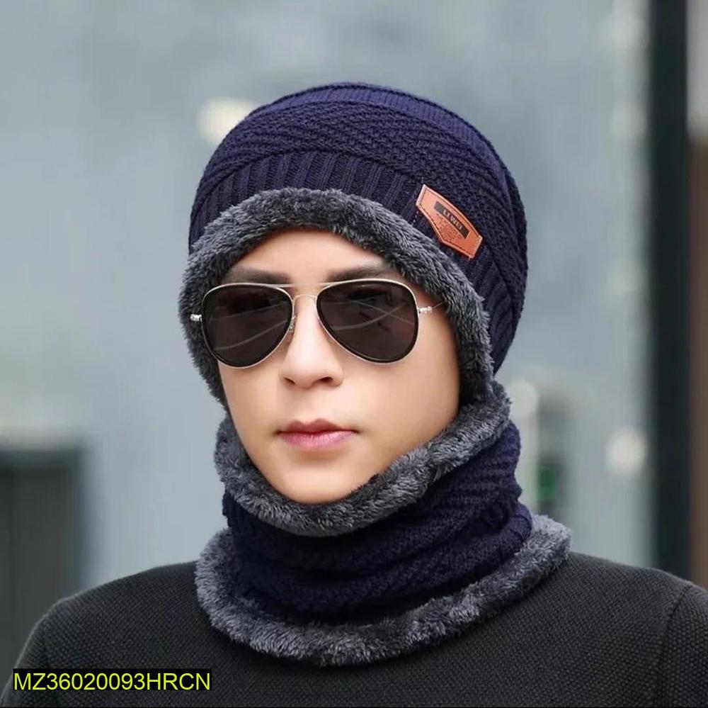 Blue Wool Beanie & Neck Warmer Set for Men Women Winter