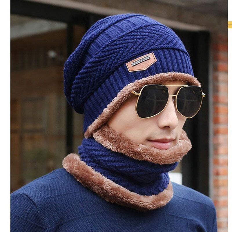 Blue Wool Beanie & Neck Warmer Set for Men Women Winter