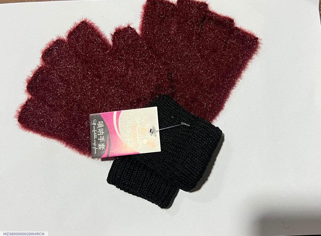 Wool Fingerless Gloves Maroon Black Winter Warm Pakistan