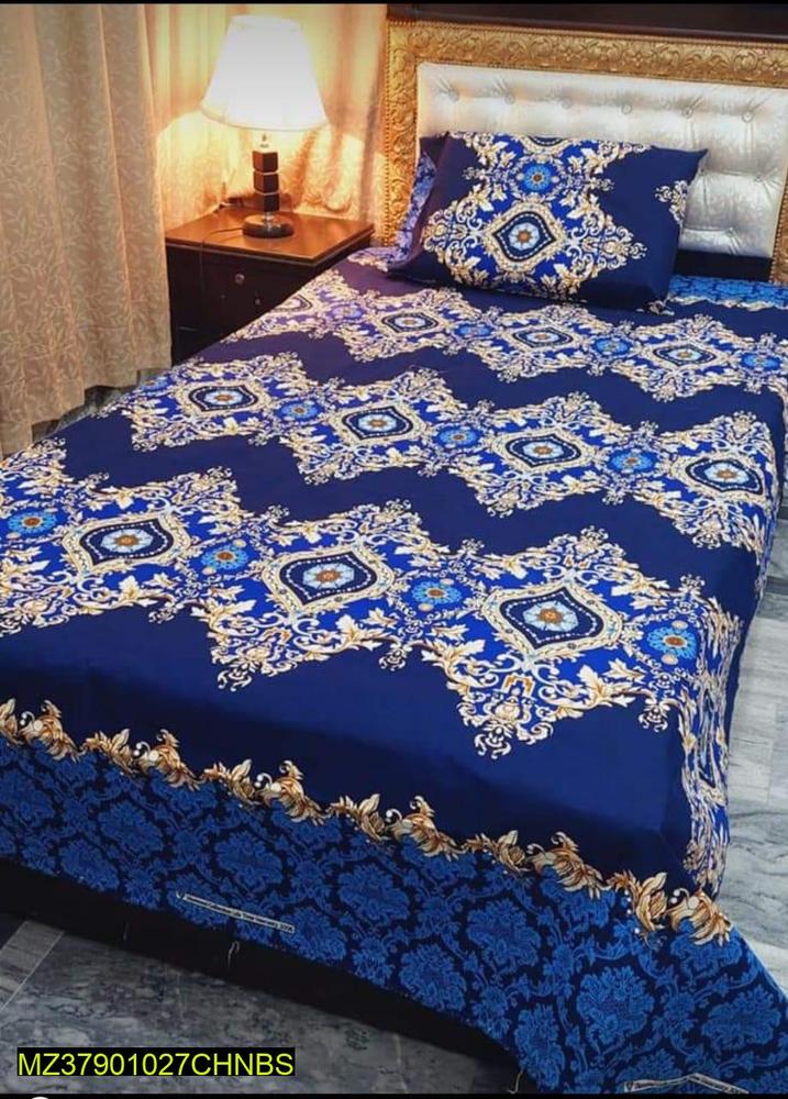 Royal Blue Cotton Bedsheet Set with Gold Floral Print