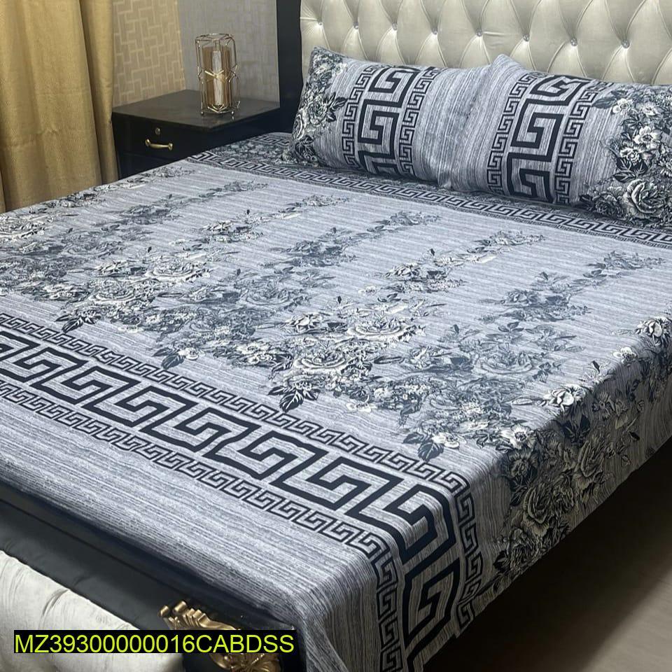 Crystal Cotton Double Bed Sheet Set with Greek Key & Floral Print