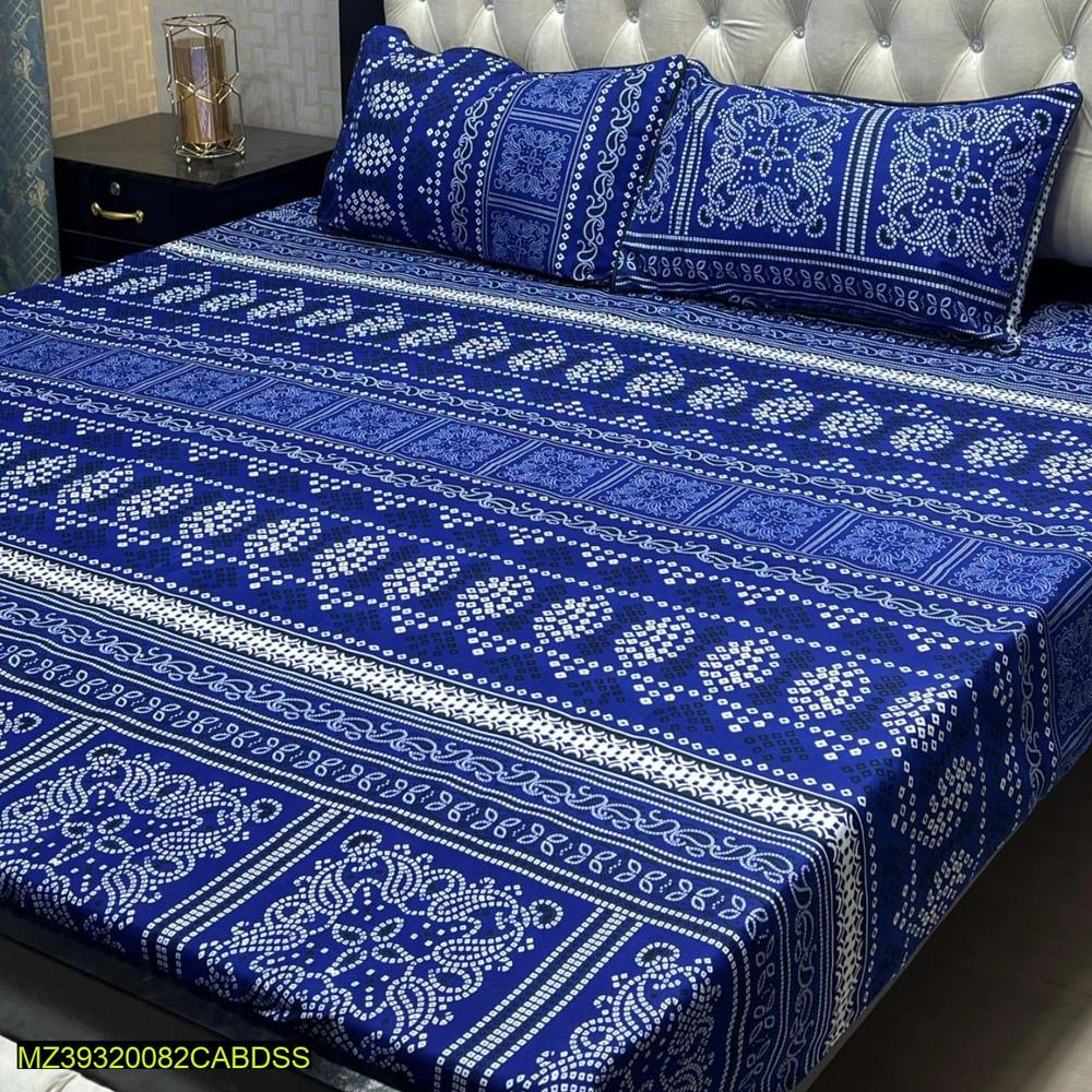 Crystal Cotton Double Bedsheet Set Royal Blue White Geometric Floral