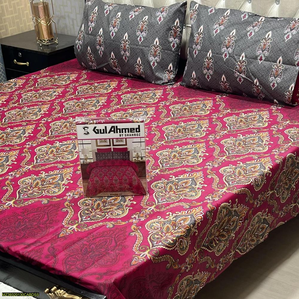 King Size Cotton Paisley Bedsheet Set Magenta Gold Gray