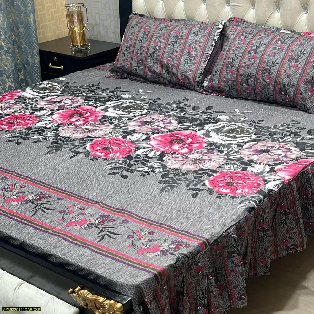 Cotton Salonica Bedsheet Set King Size Floral Pink Gray