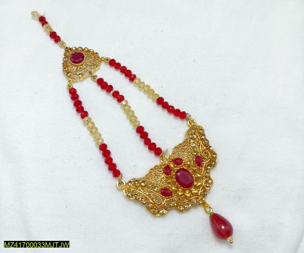 Gold Toned Jhumar Necklace with Red Stones for Weddings