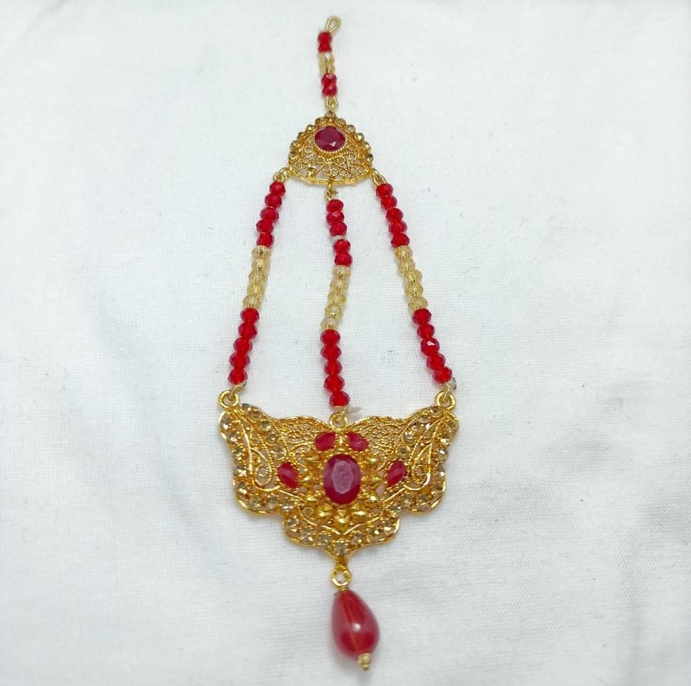Gold Toned Jhumar Necklace with Red Stones for Weddings