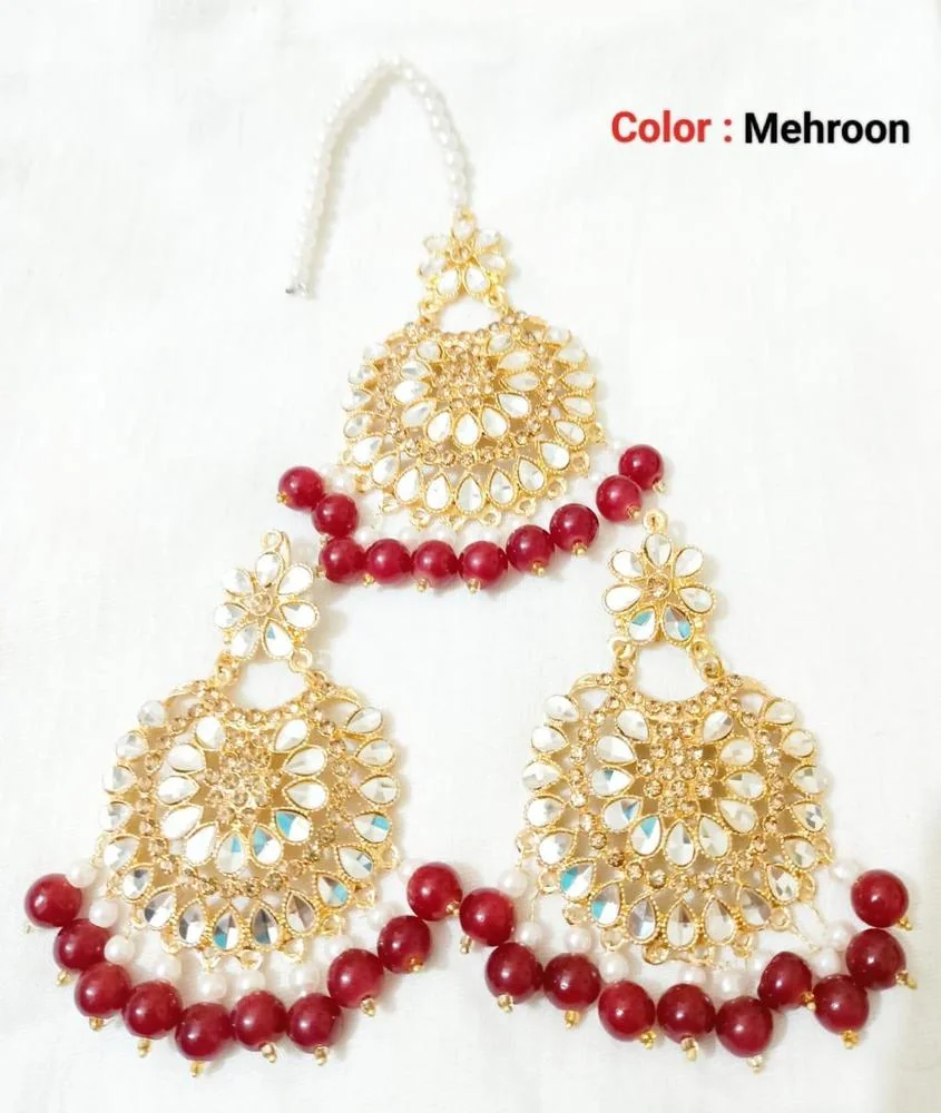 Mehroon Kundan Earrings With Bindiya Set