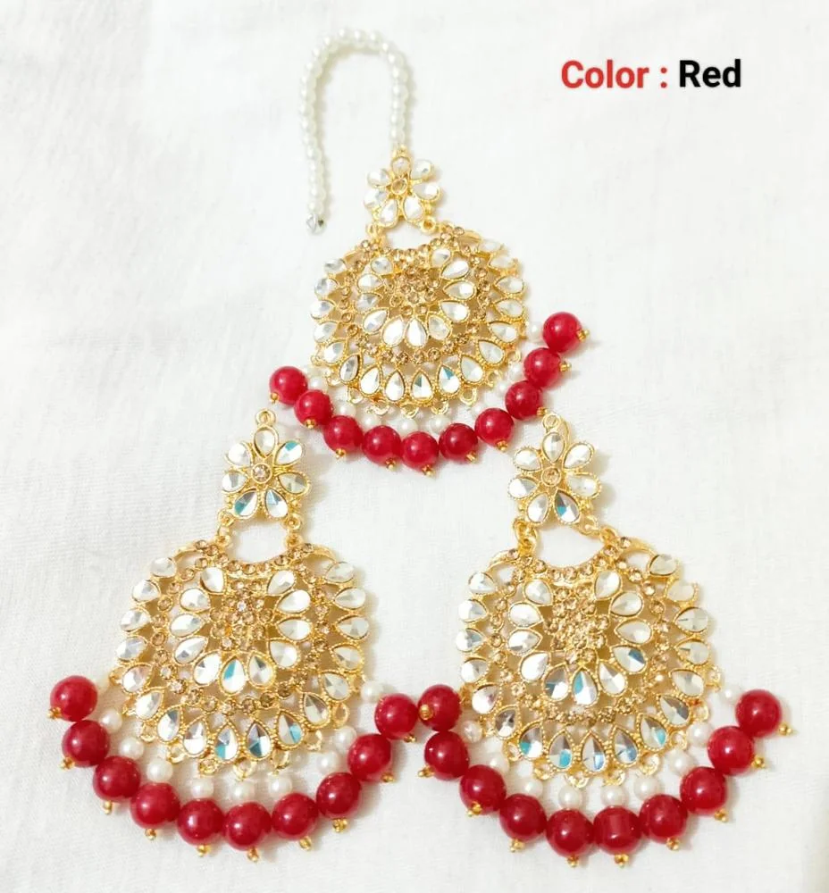 Mehroon Kundan Earrings With Bindiya Set