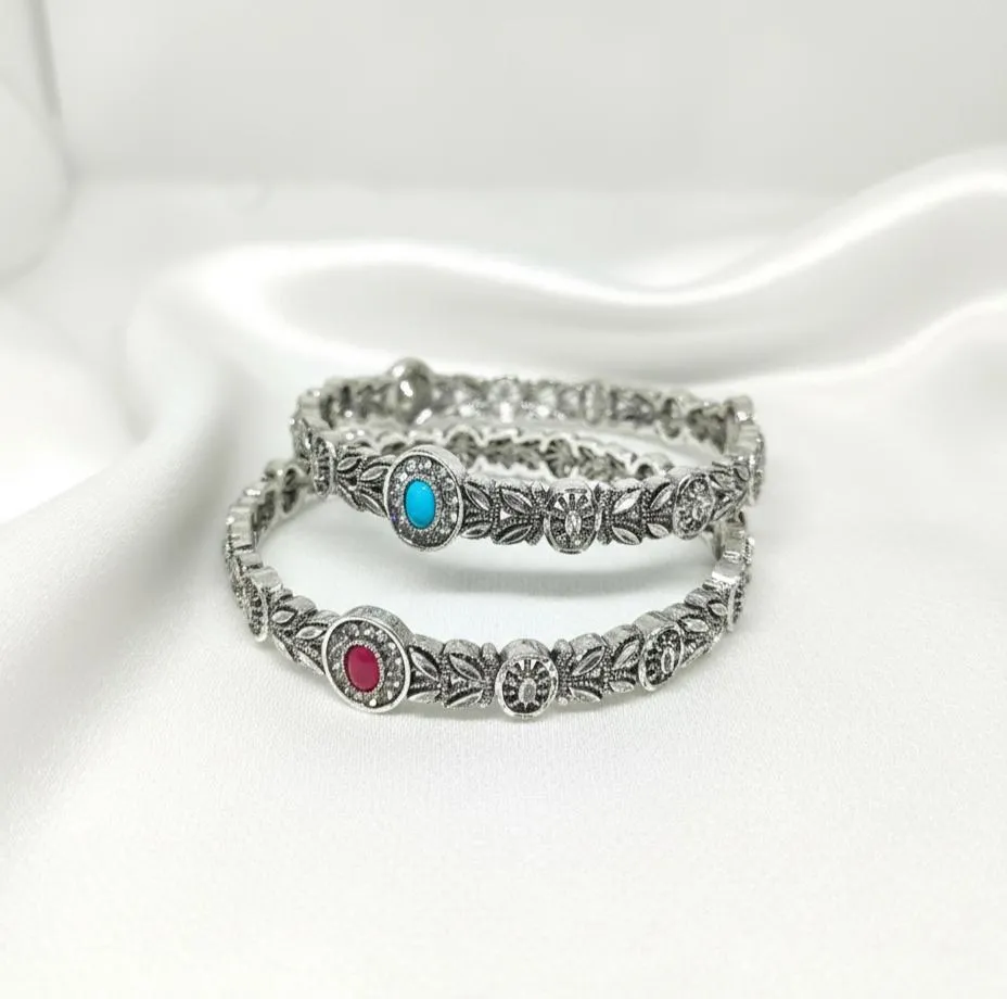 Antique Floral Bangles Red Green Stones Lightweight Alloy