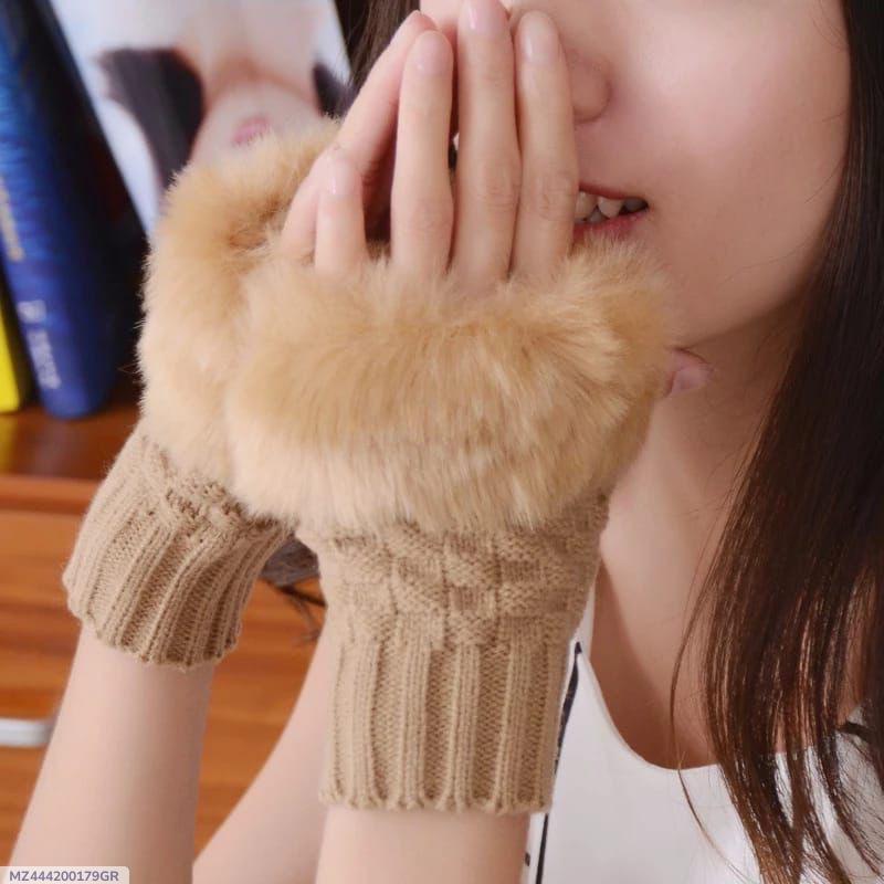 Women Fingerless Wool Gloves Beige Winter Warm Pakistan