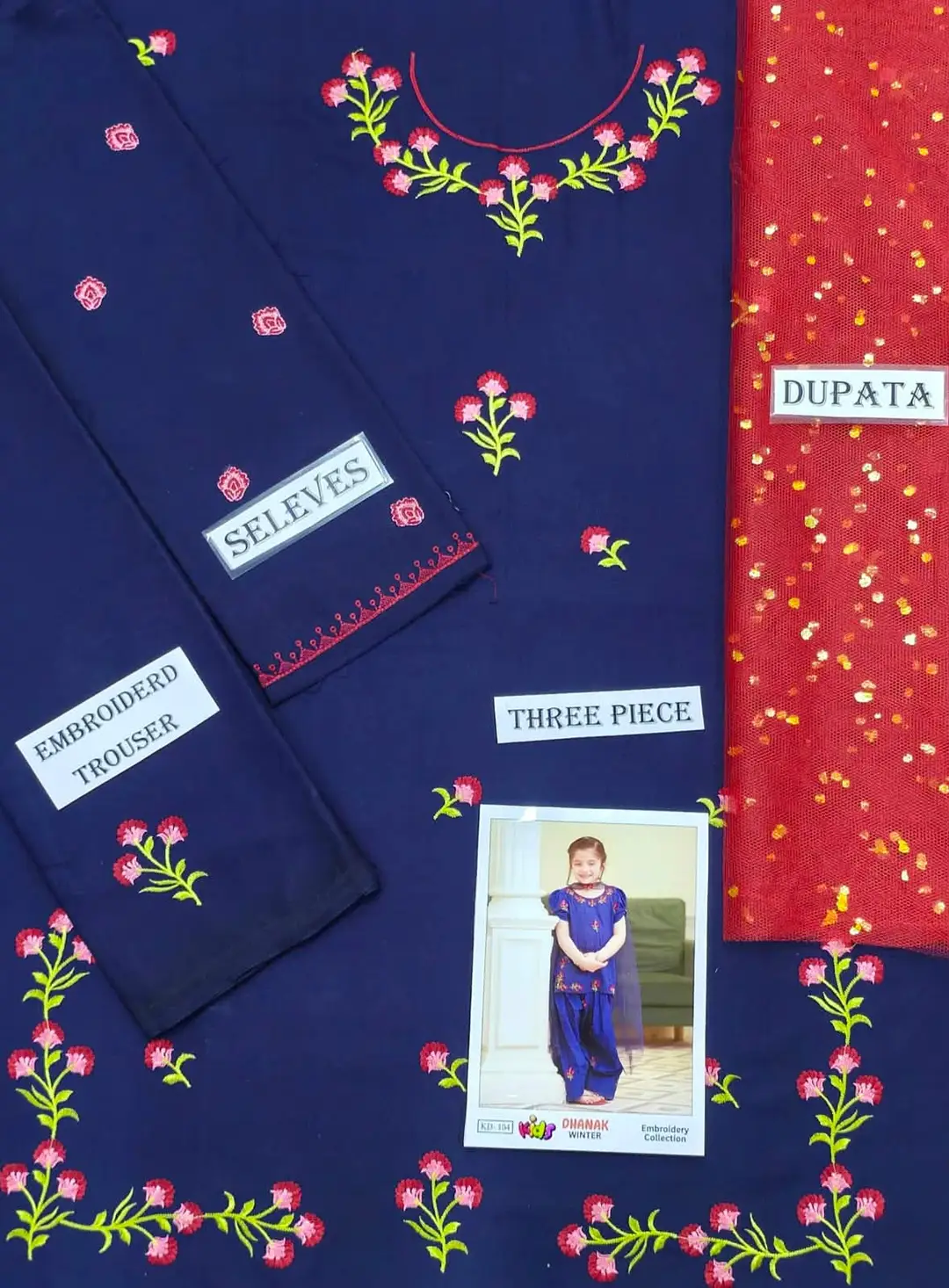 3 Pcs Girl's Dhanak Embroidered Unstitched Suit