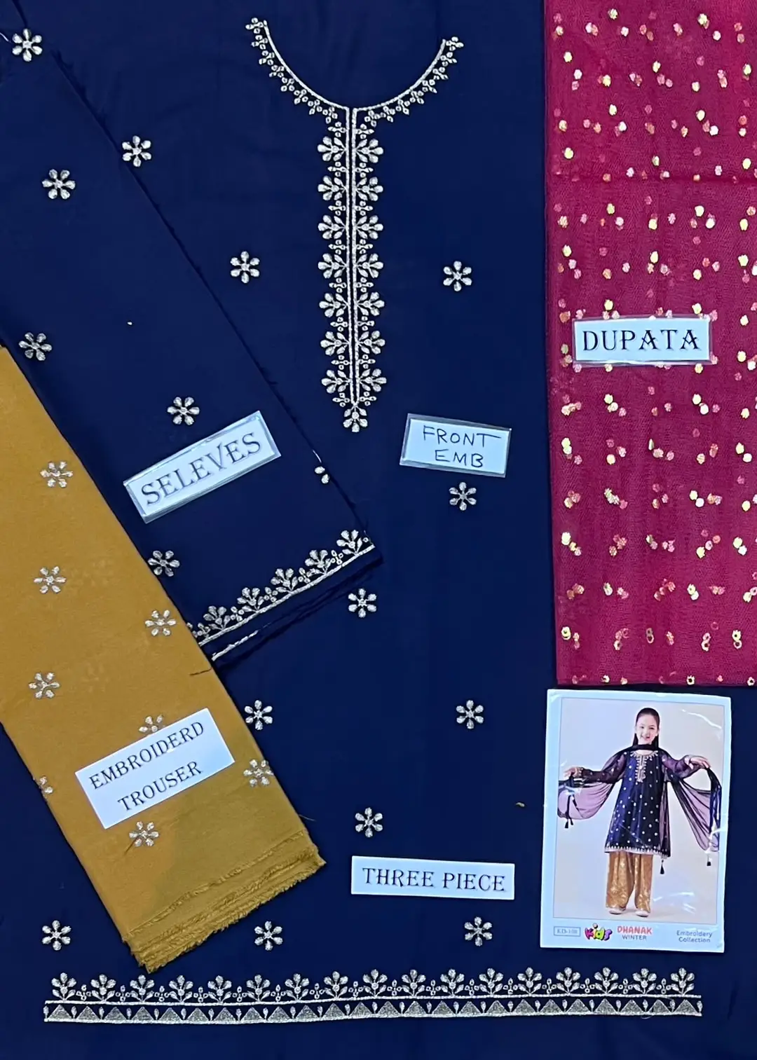 3 Pcs Girl's Dhanak Embroidered Unstitched Suit