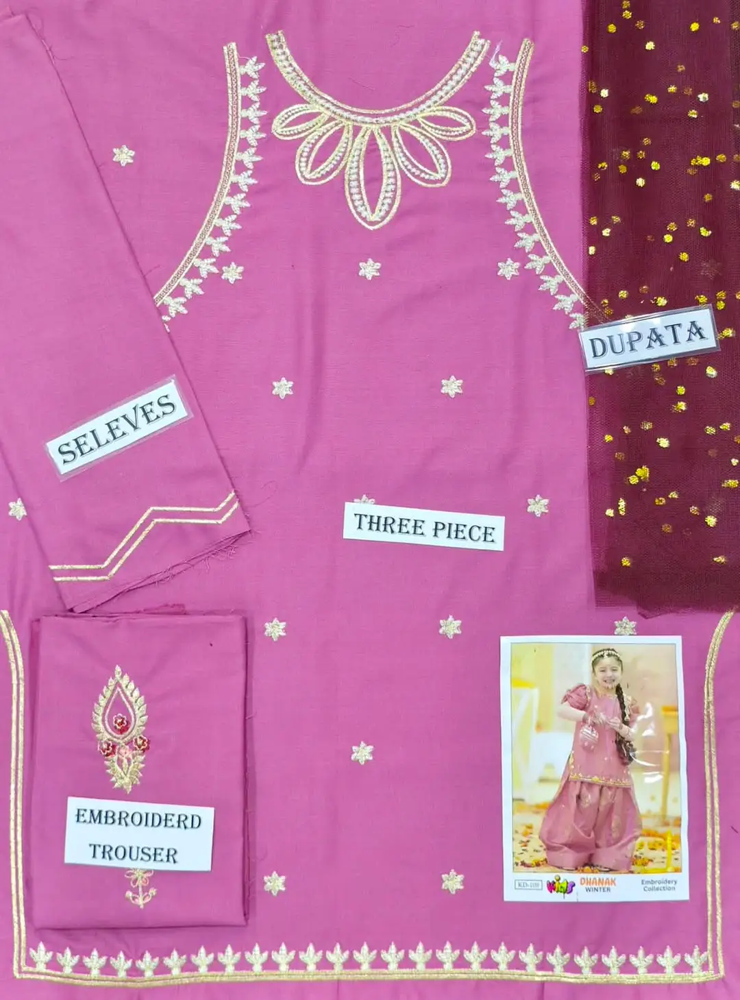 3 Pcs Girl's Dhanak Embroidered Unstitched Suit