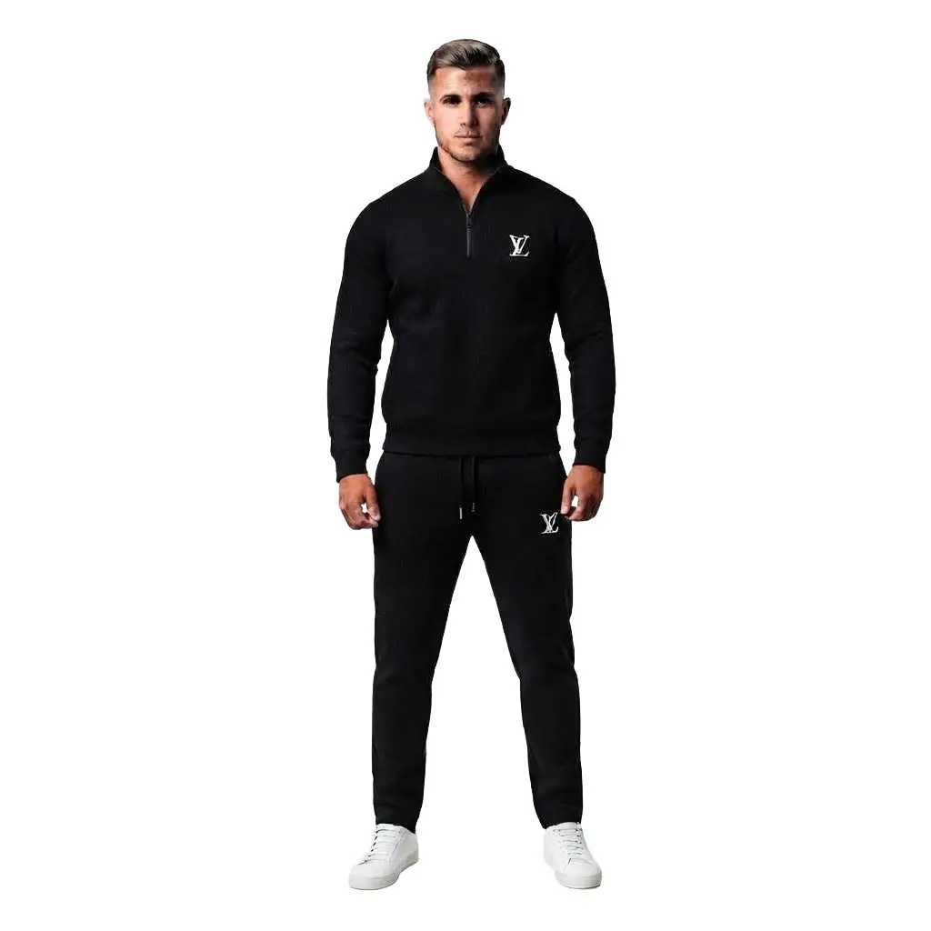 Men's Black Tracksuit Set | Half Zip Sweatshirt & Plain Joggers | Casual Winter Fleece Suit for Men