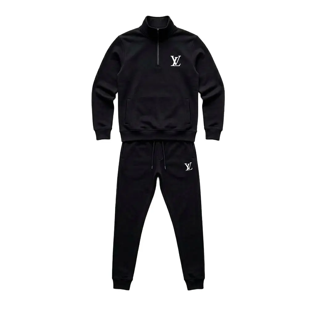 Men's Black Tracksuit Set | Half Zip Sweatshirt & Plain Joggers | Casual Winter Fleece Suit for Men