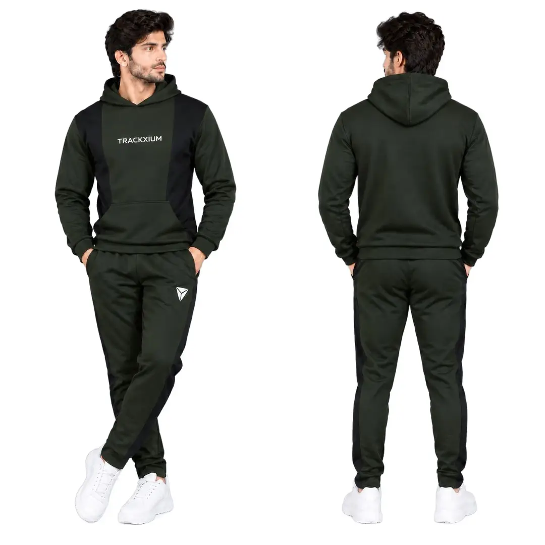 2 Pcs Men's Trendy Olive Green Hoodie & Trousers Set -