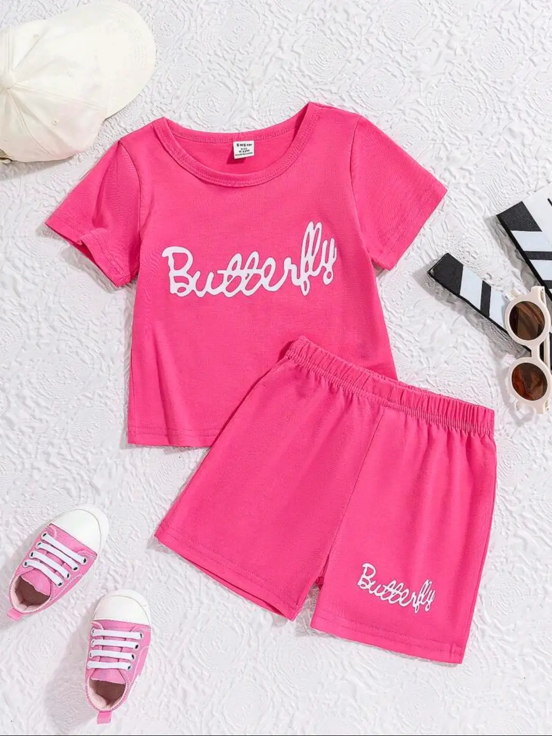 Girls' Pink Printed Polyester Shorts - 2 Pcs Set
