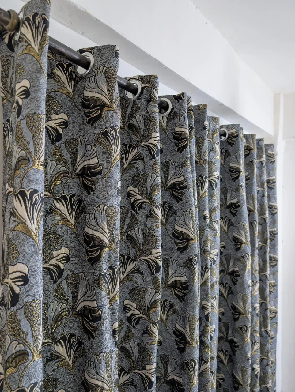 Grey Jacquard Curtains with Ginkgo Leaf Pattern 96x56"
