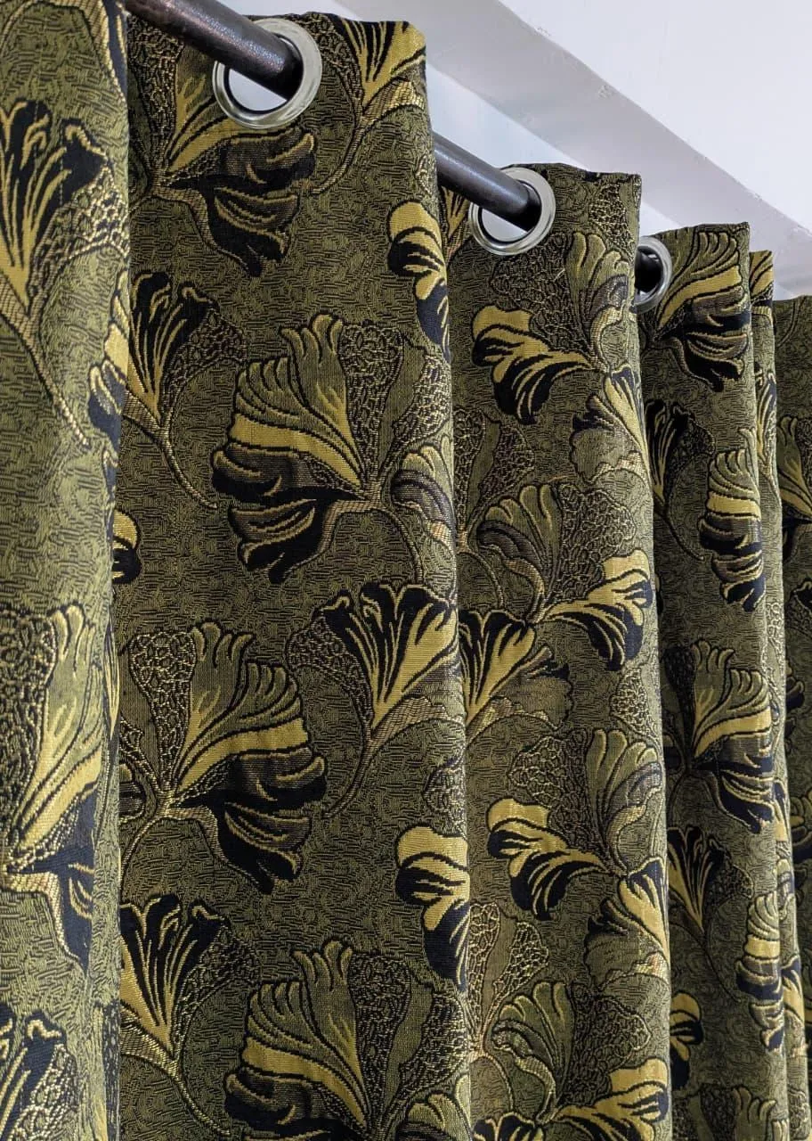 Jacquard Floral Curtains Green Gold Black 96x56"