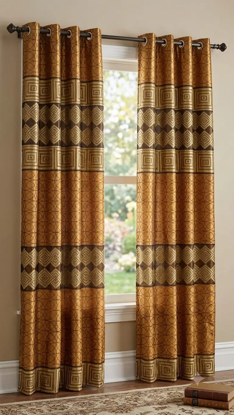 Gold Jacquard Printed Indoor Home Curtains - 1 Pc, Easy to Hang & Wash