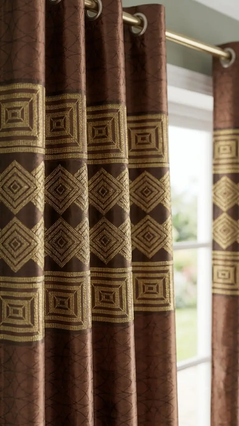 Stylish 1 Pc Brown Jacquard Printed Double Sided Curtain