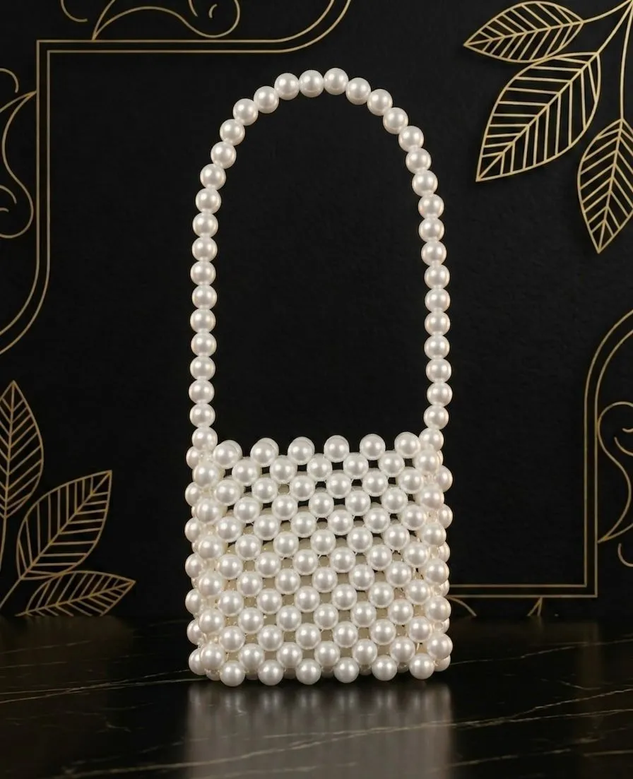 White Pearl Beaded Handbag for Girls Small Size