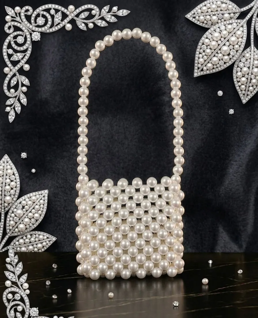 White Pearl Beaded Handbag for Girls Small Size