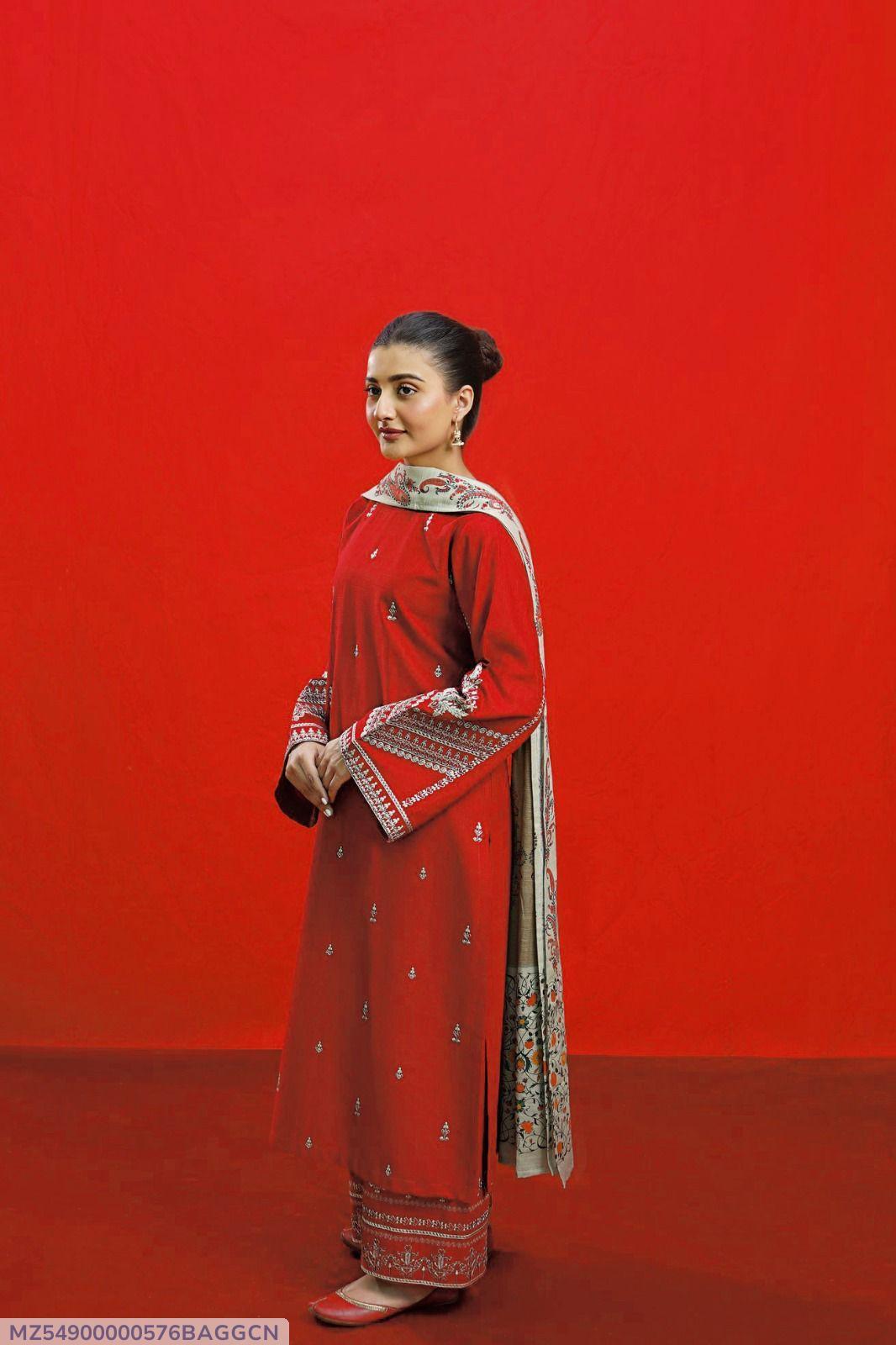 3-Piece Embroidered Red Lawn Suit for Women