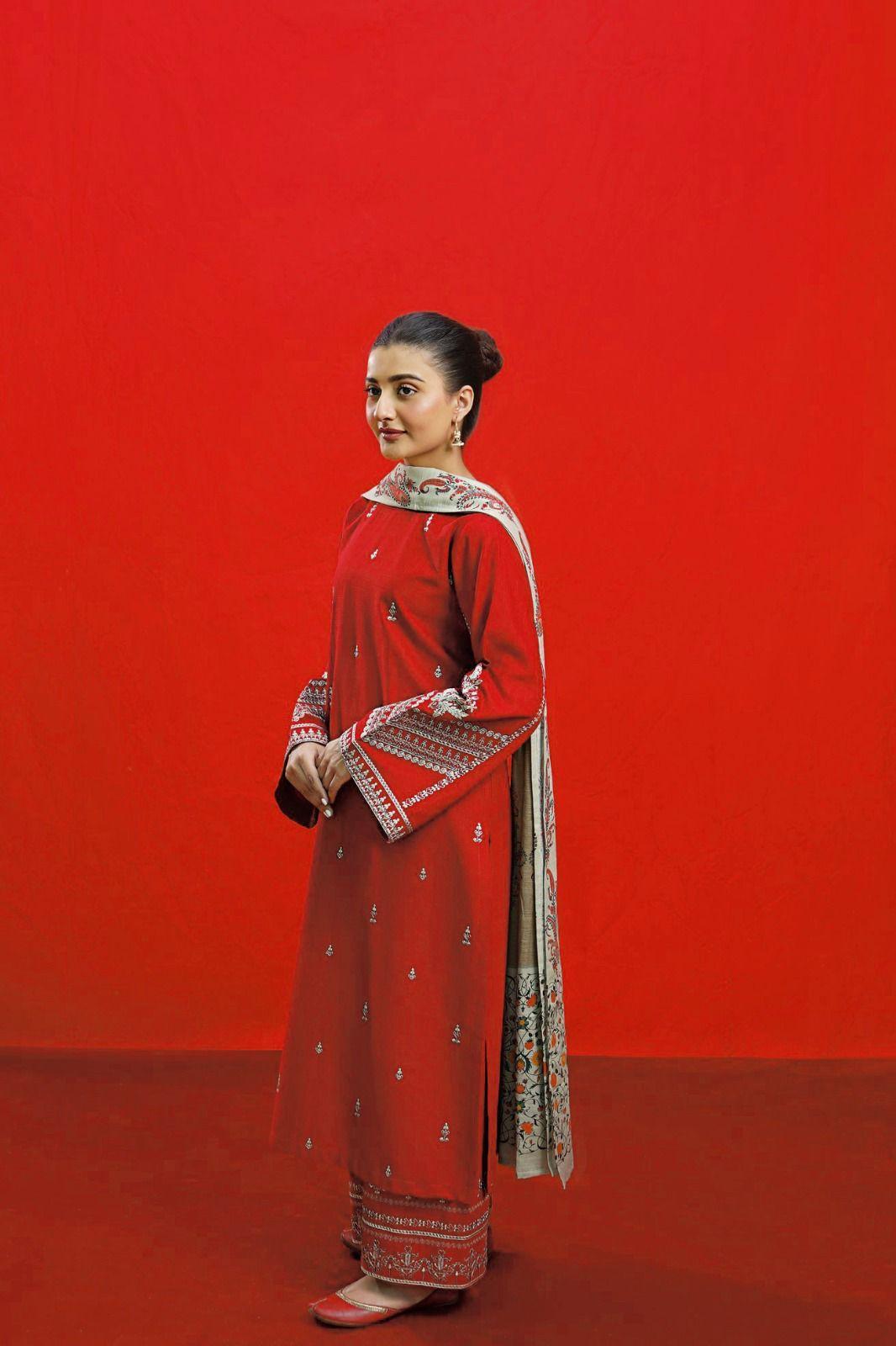 3-Piece Embroidered Red Lawn Suit for Women