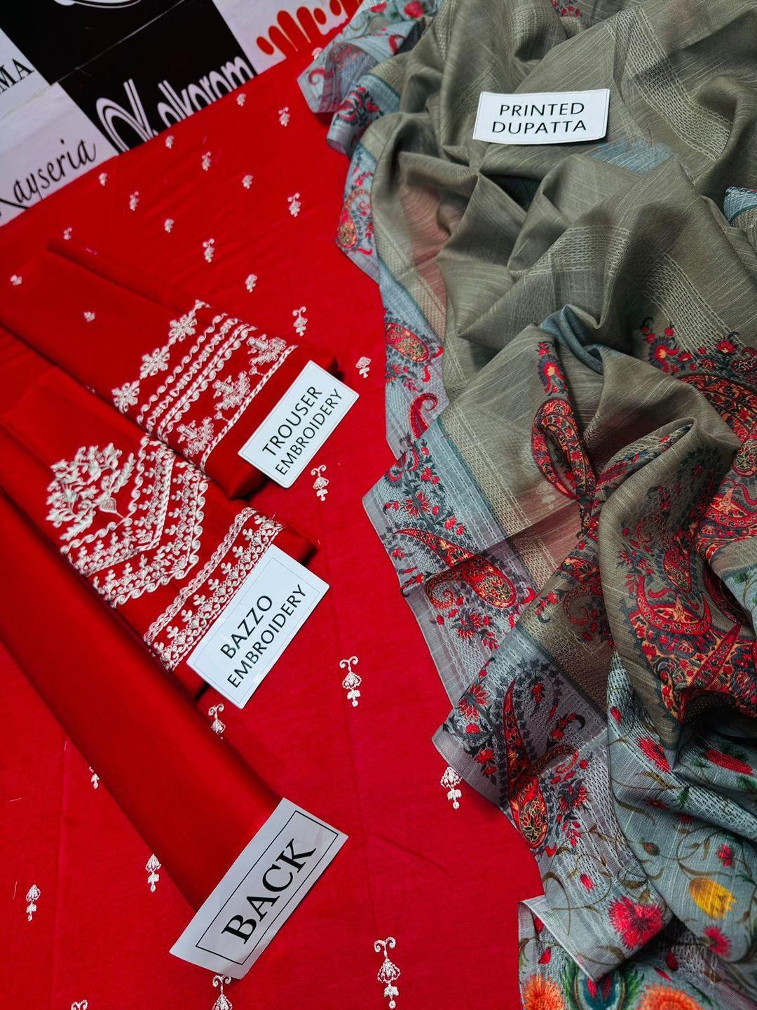 3-Piece Embroidered Red Lawn Suit for Women