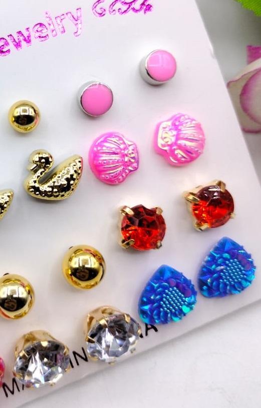 Artificial Stone Ear Studs for Women - 12 Pairs, Gold Swans & Gems